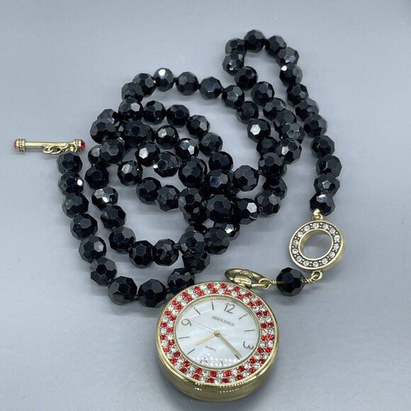 Heidi Daus Watch Pendant Necklace Timing Is Everything Jet Black Red Crystal 36" - Picture 5 of 10